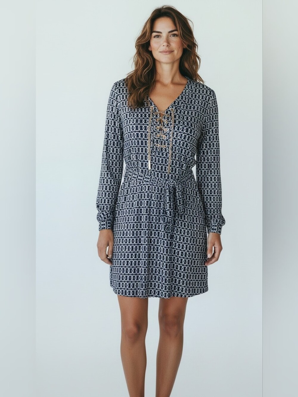 Spense Blue Patterned Belted Dress Size 4 Petite